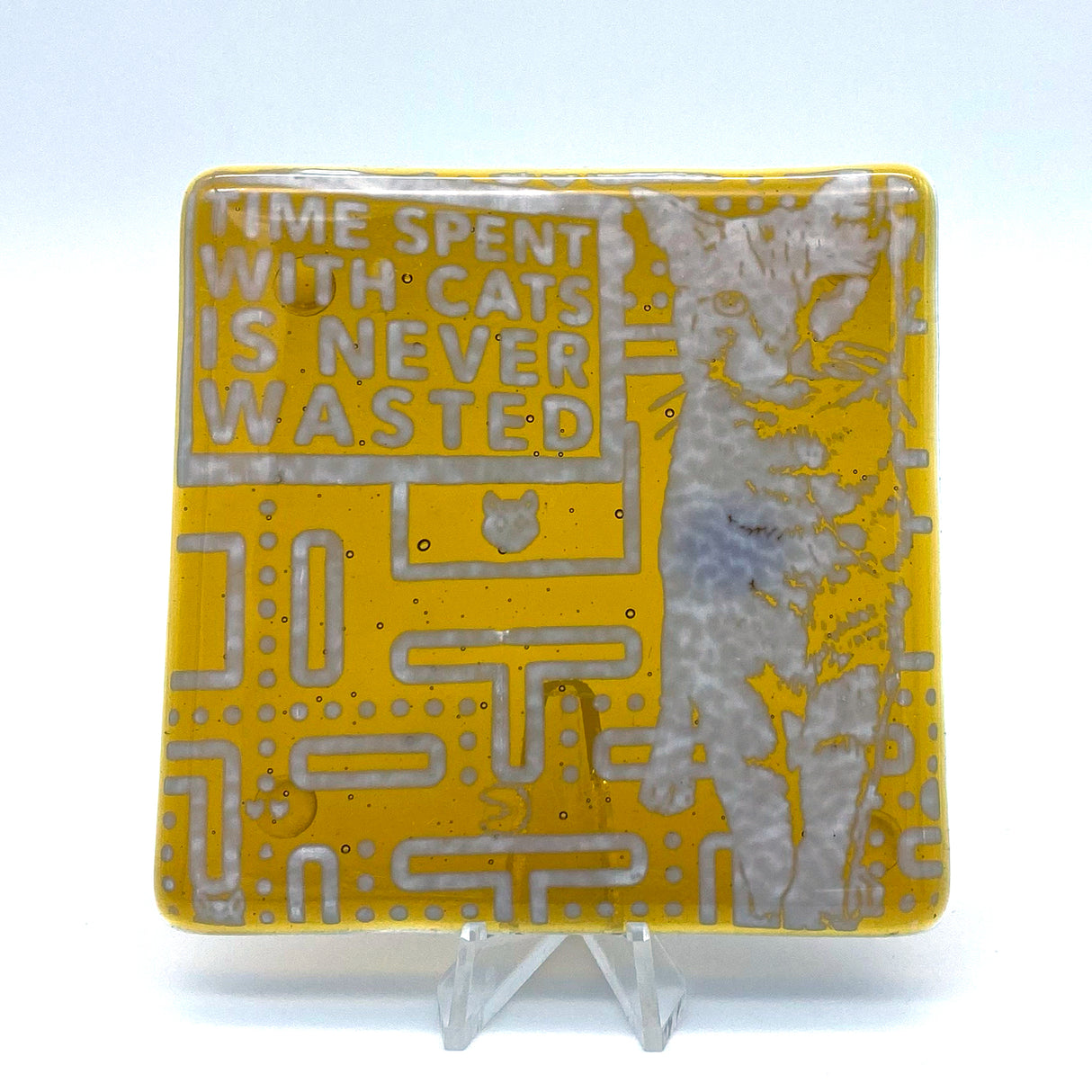 Time Spent With Cats is Never Wasted Fused Glass 4" Single Coaster