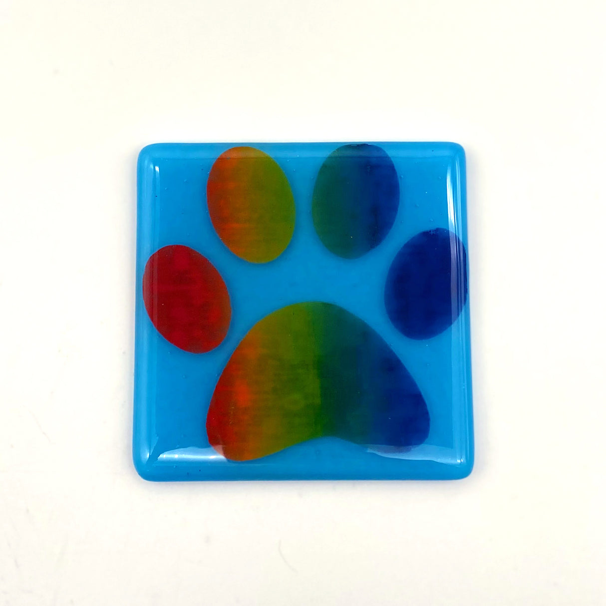 Pawprint Rainbow Fused Glass 4" Single Coaster