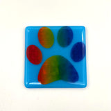 Pawprint Rainbow Fused Glass 4" Single Coaster
