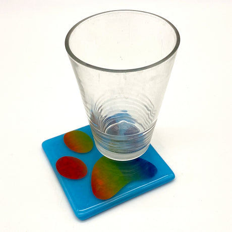 Pawprint Rainbow Fused Glass 4" Single Coaster