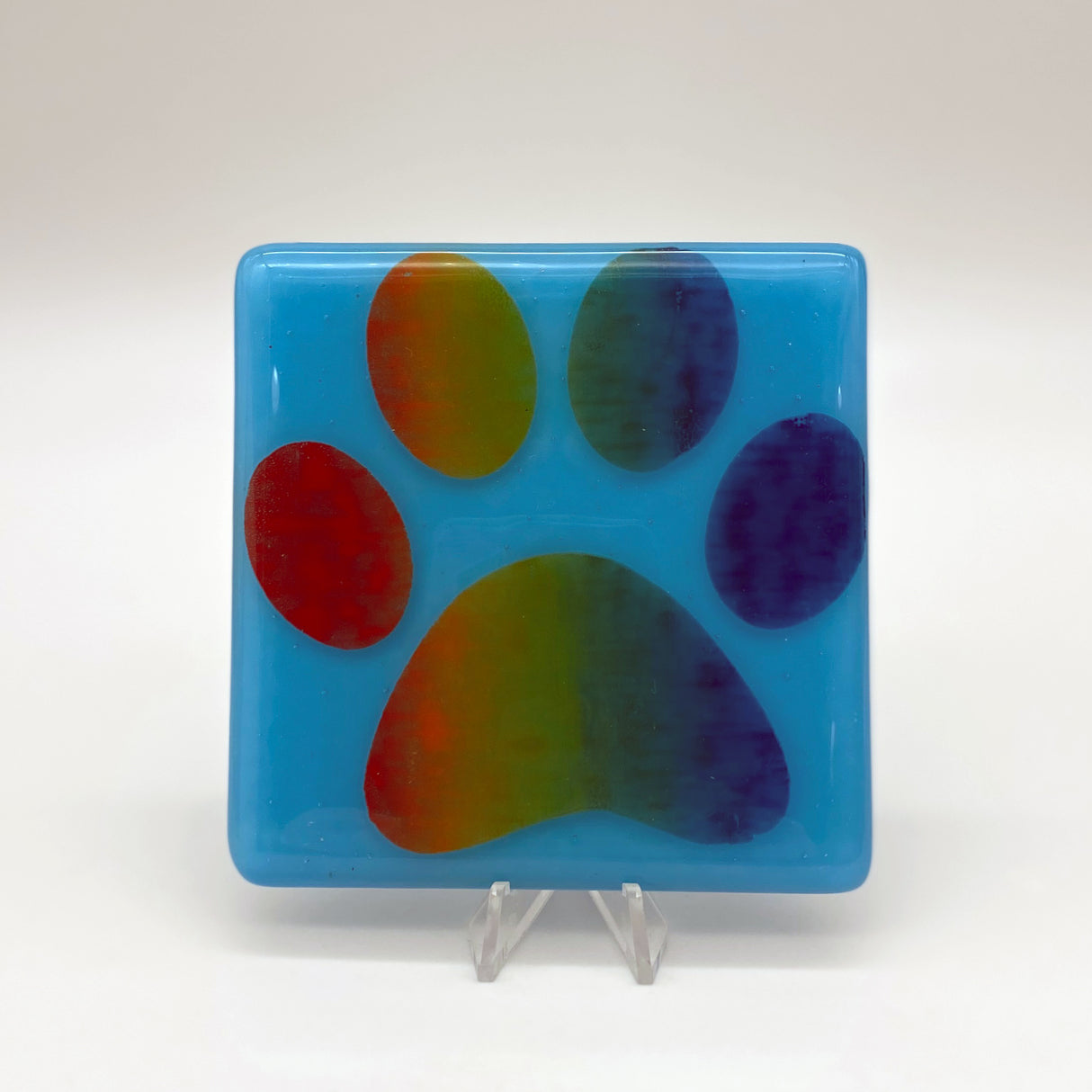Pawprint Rainbow Fused Glass 4" Single Coaster