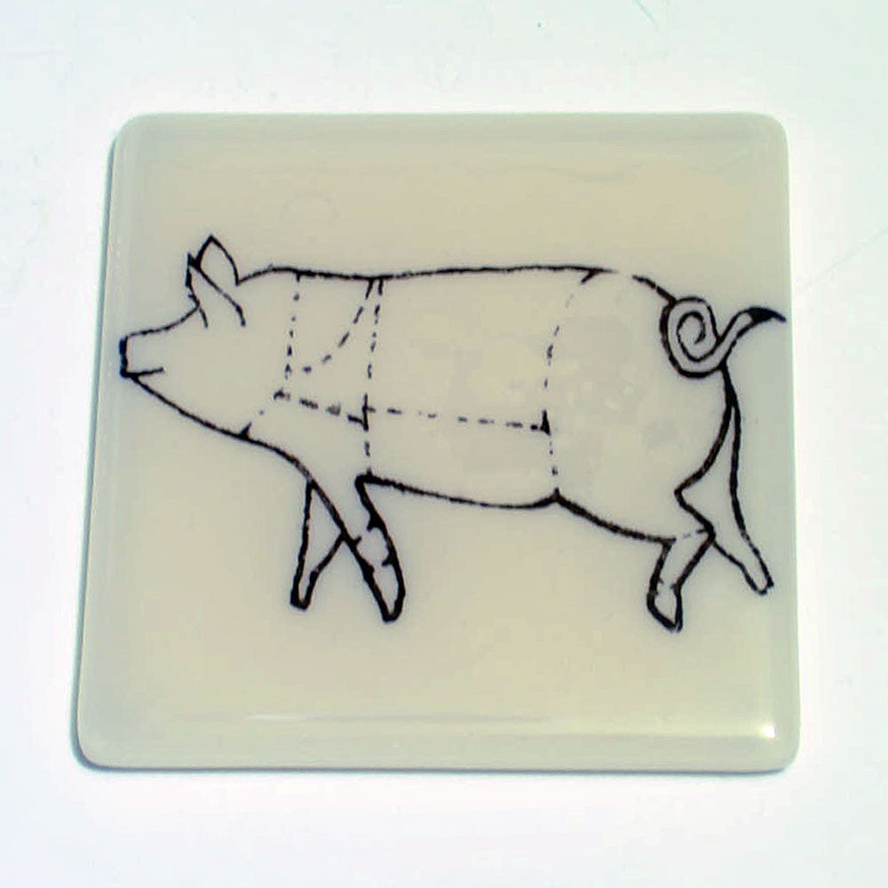 Pig Meat Cuts 4" Fused Glass Coaster