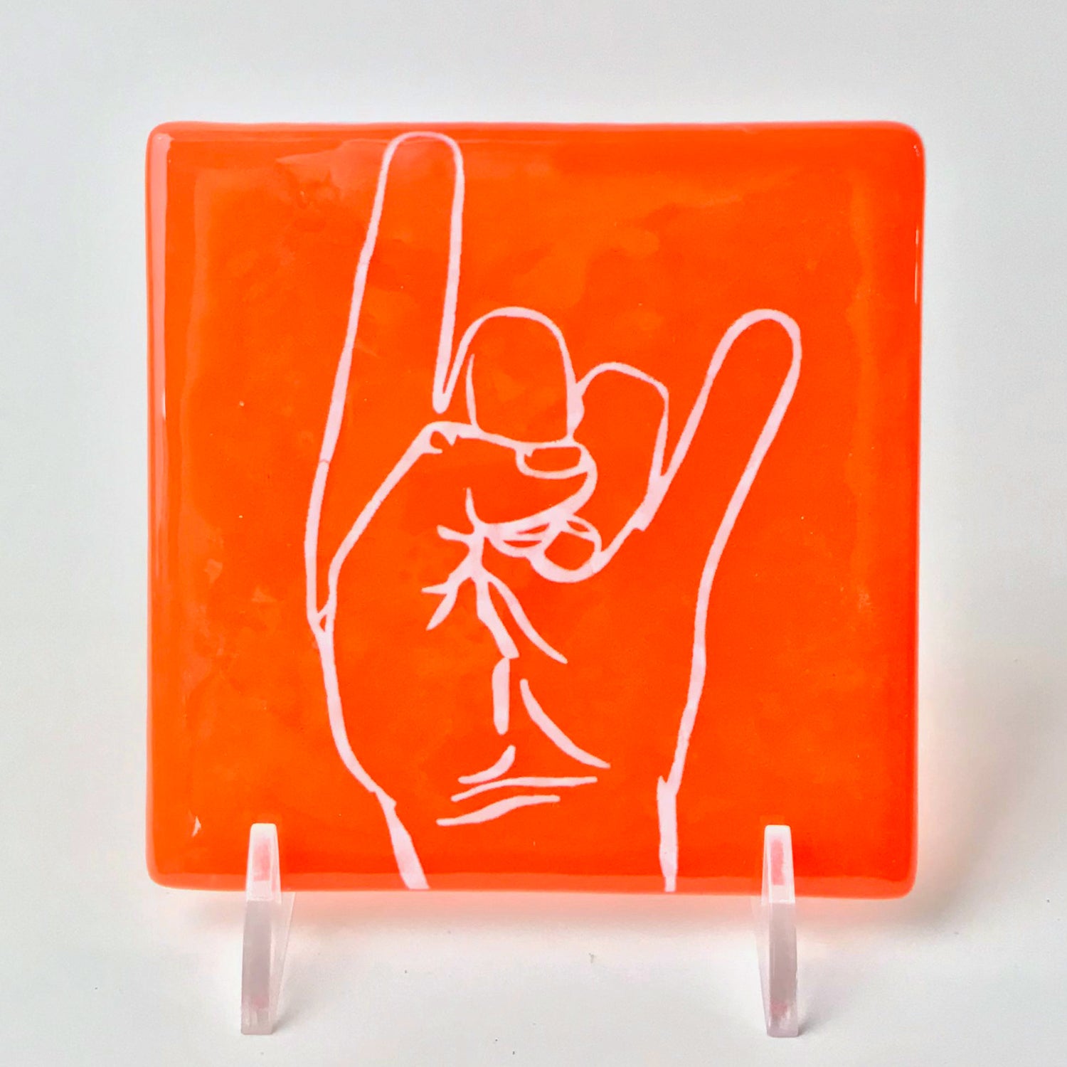Texas Hook 'Em Horns Fused Glass 4" Single Coaster - made to order