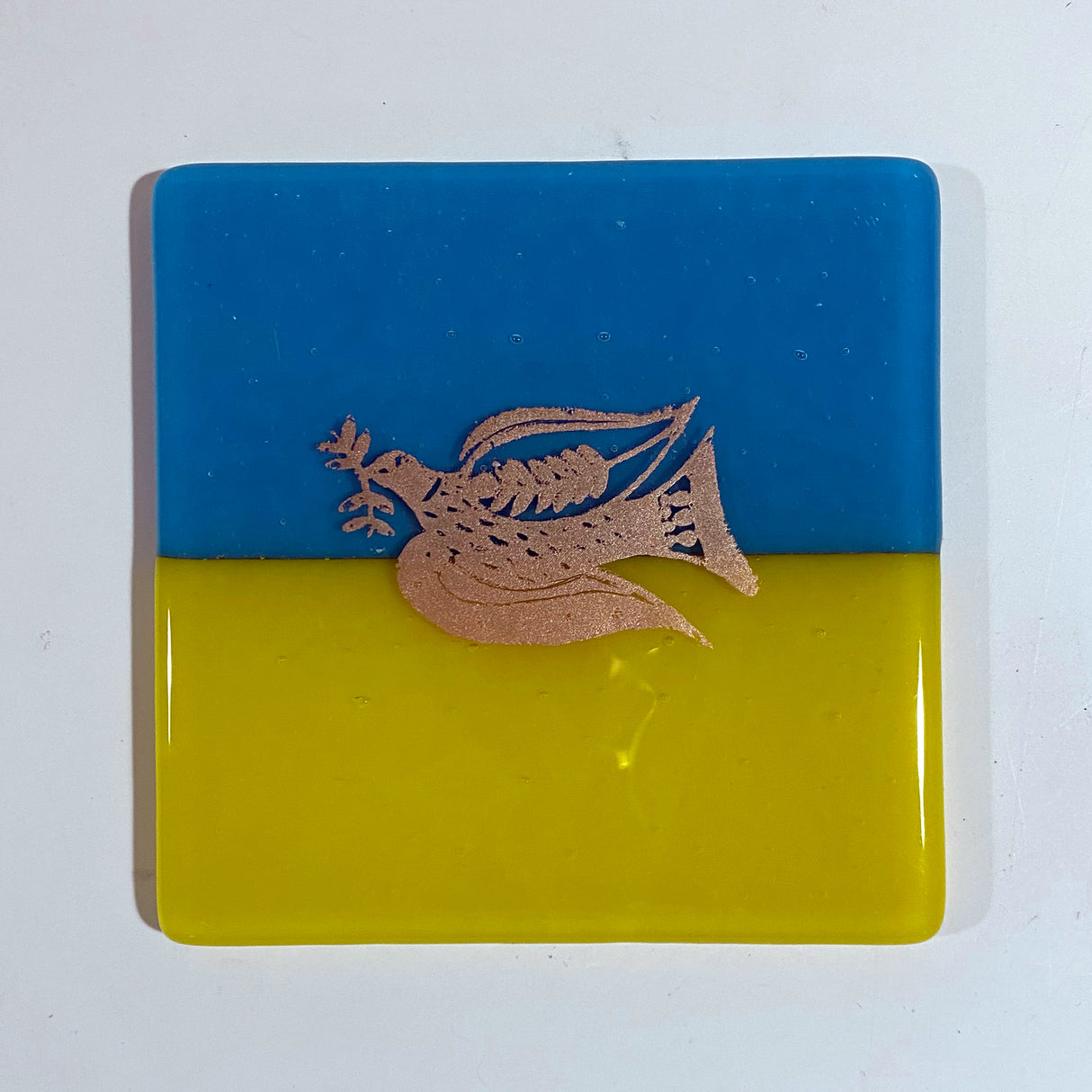 Ukrainian Flag with Peace Dove Fused Glass 4" Single Coaster