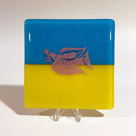 Ukrainian Flag with Peace Dove Fused Glass 4" Single Coaster