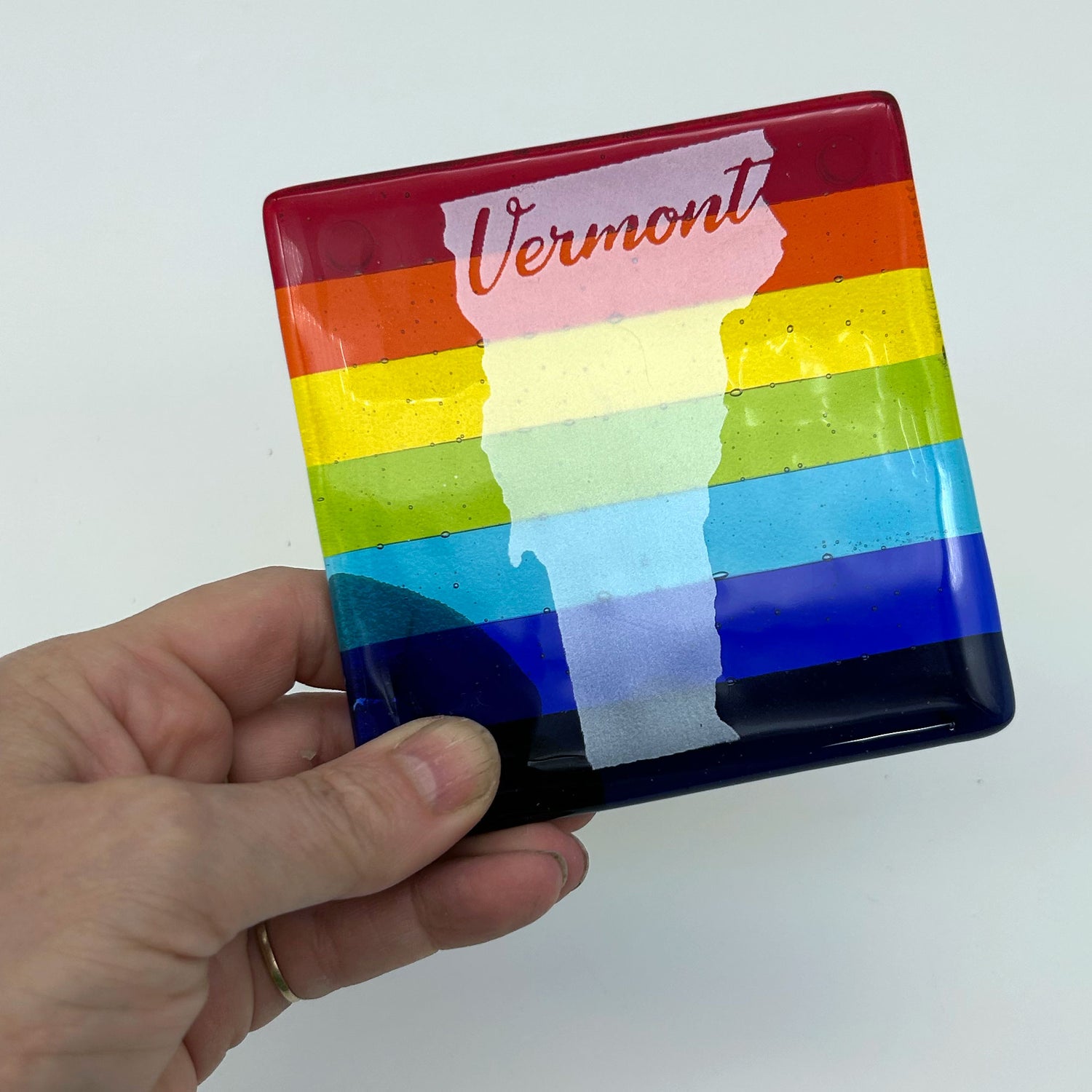 US States Fused Glass 4" Single Coaster - Rainbow Pride or Single Color Background - made to order